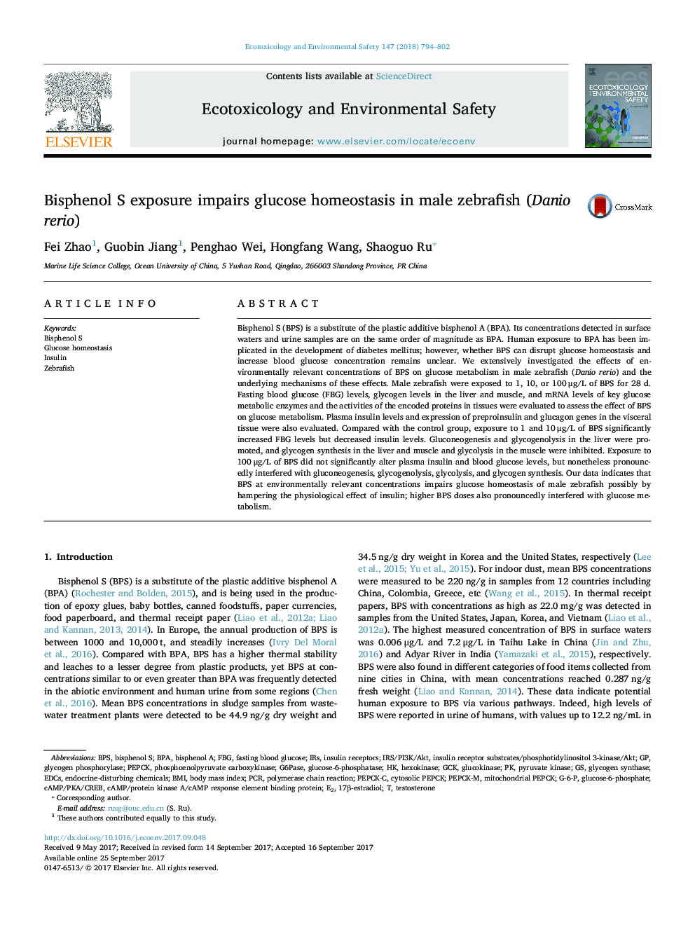 Bisphenol S exposure impairs glucose homeostasis in male zebrafish (Danio rerio)