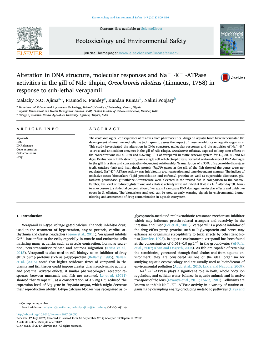 Alteration in DNA structure, molecular responses and Na+ -K+ -ATPase activities in the gill of Nile tilapia, Oreochromis niloticus (Linnaeus, 1758) in response to sub-lethal verapamil