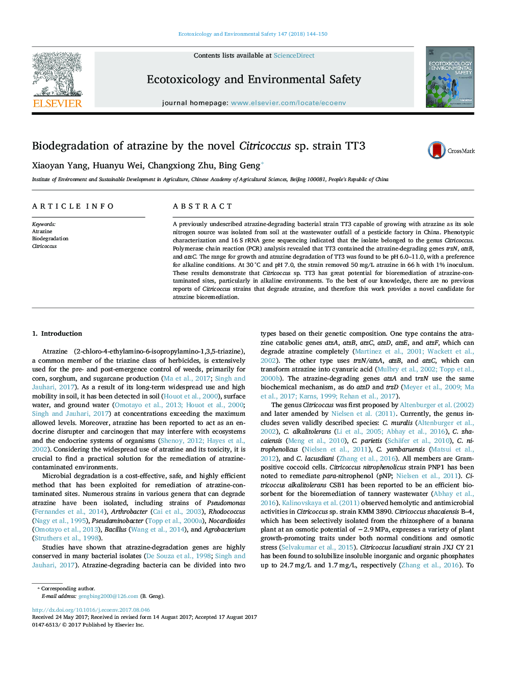 Biodegradation of atrazine by the novel Citricoccus sp. strain TT3