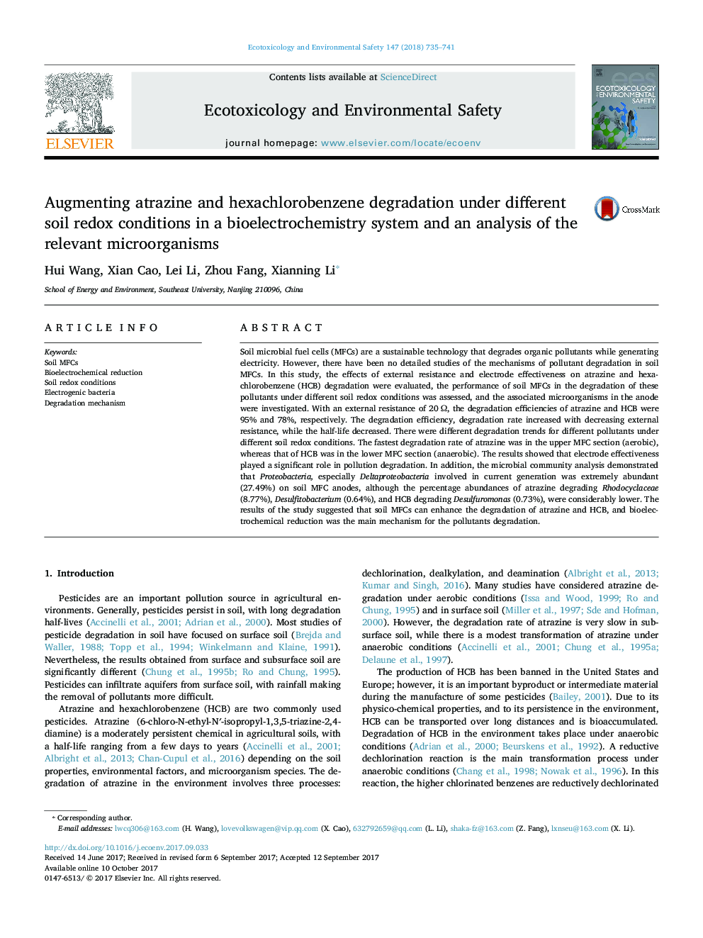 افزایش ضریب آترازین و هگزاکلروبنزن تحت شرایط مختلف ردوکس خاک در یک سیستم بیو الکتروشیمیایی و تجزیه و تحلیل میکروارگانیسم های مرتبط
