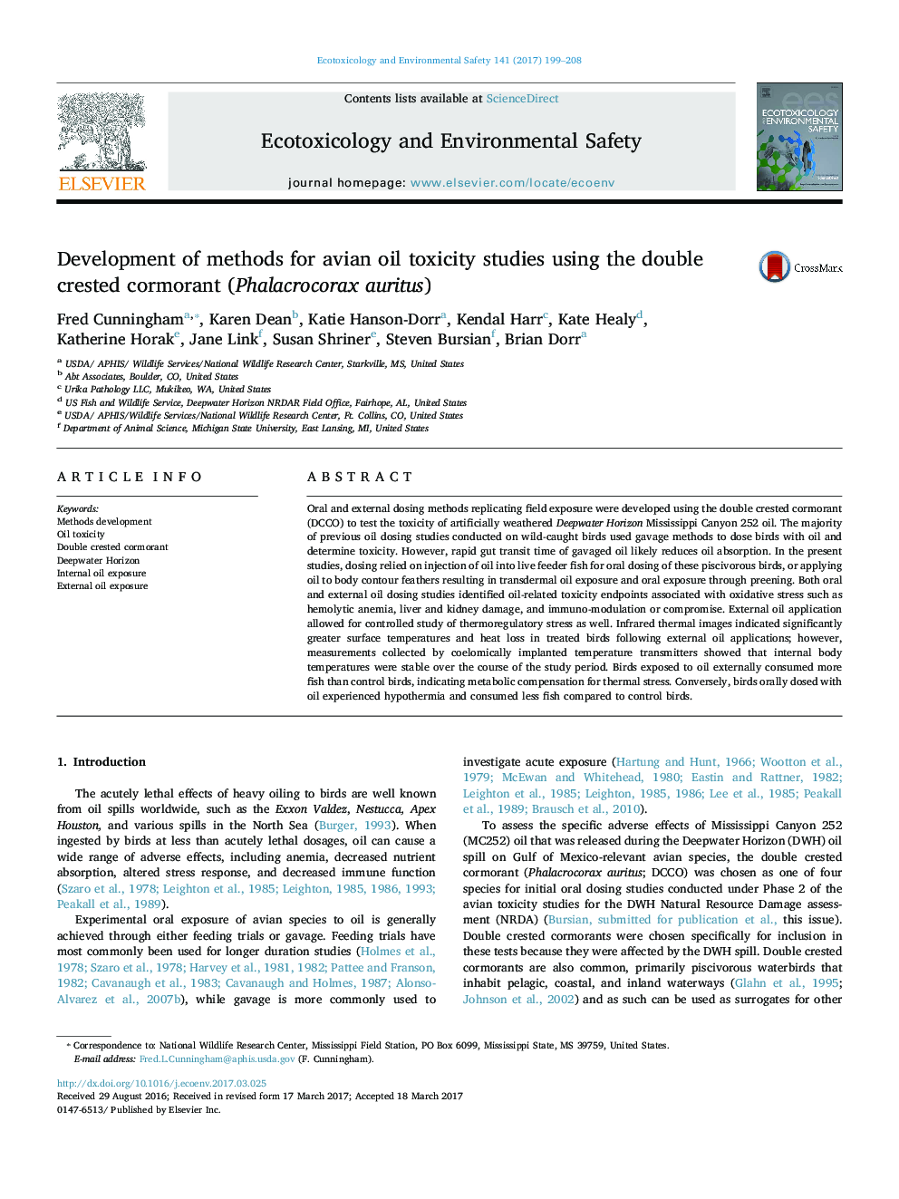 Development of methods for avian oil toxicity studies using the double crested cormorant (Phalacrocorax auritus)