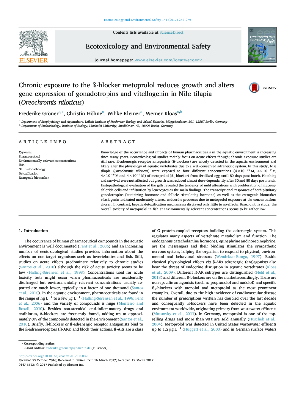 Chronic exposure to the Ã-blocker metoprolol reduces growth and alters gene expression of gonadotropins and vitellogenin in Nile tilapia (Oreochromis niloticus)