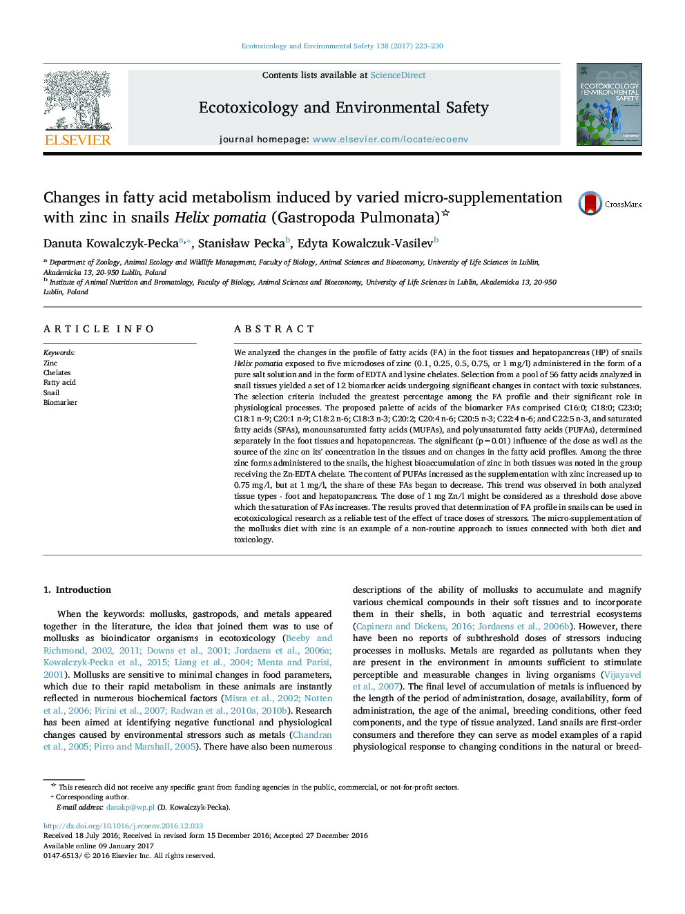 Changes in fatty acid metabolism induced by varied micro-supplementation with zinc in snails Helix pomatia (Gastropoda Pulmonata)