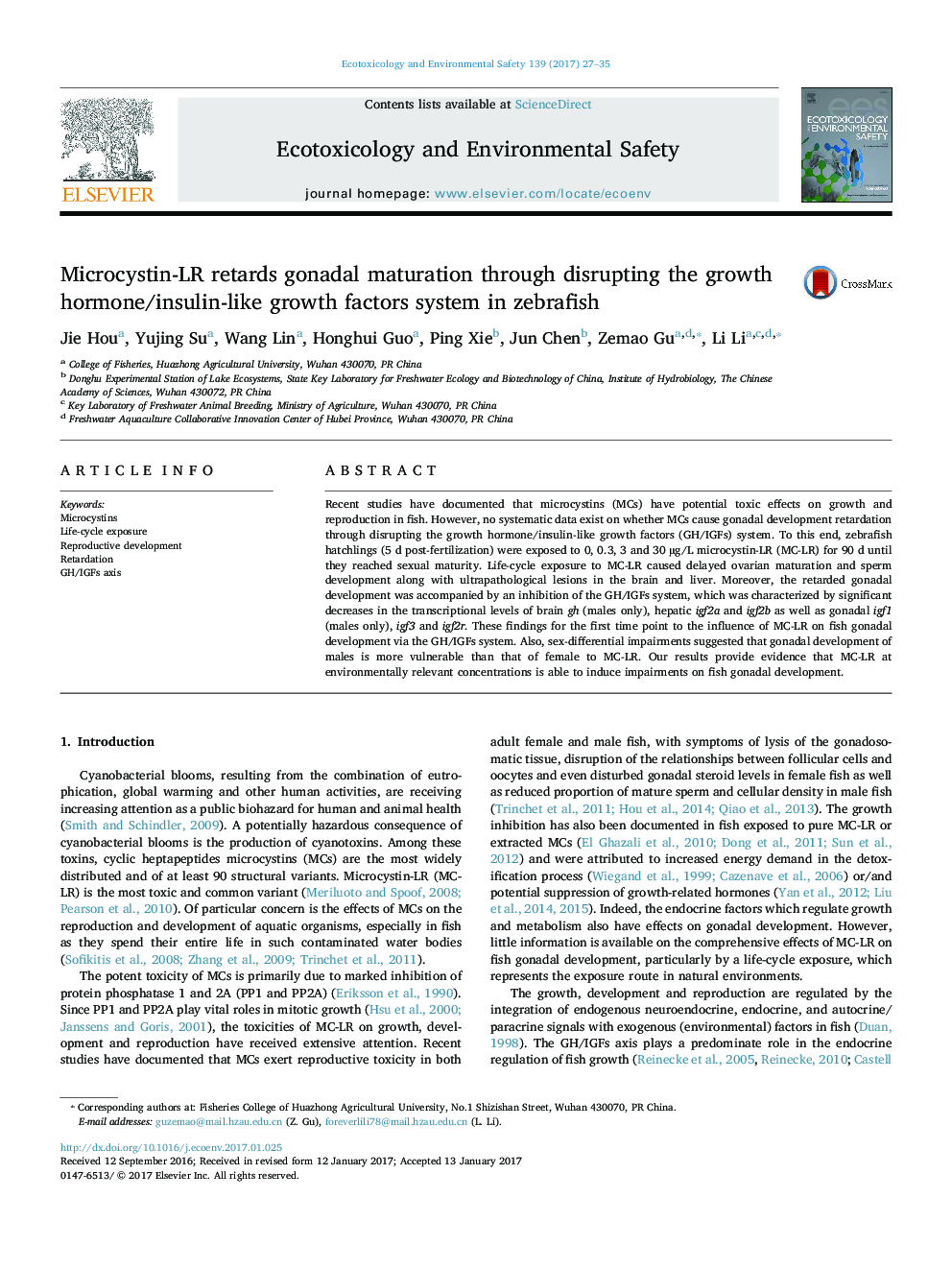 Microcystin-LR retards gonadal maturation through disrupting the growth hormone/insulin-like growth factors system in zebrafish