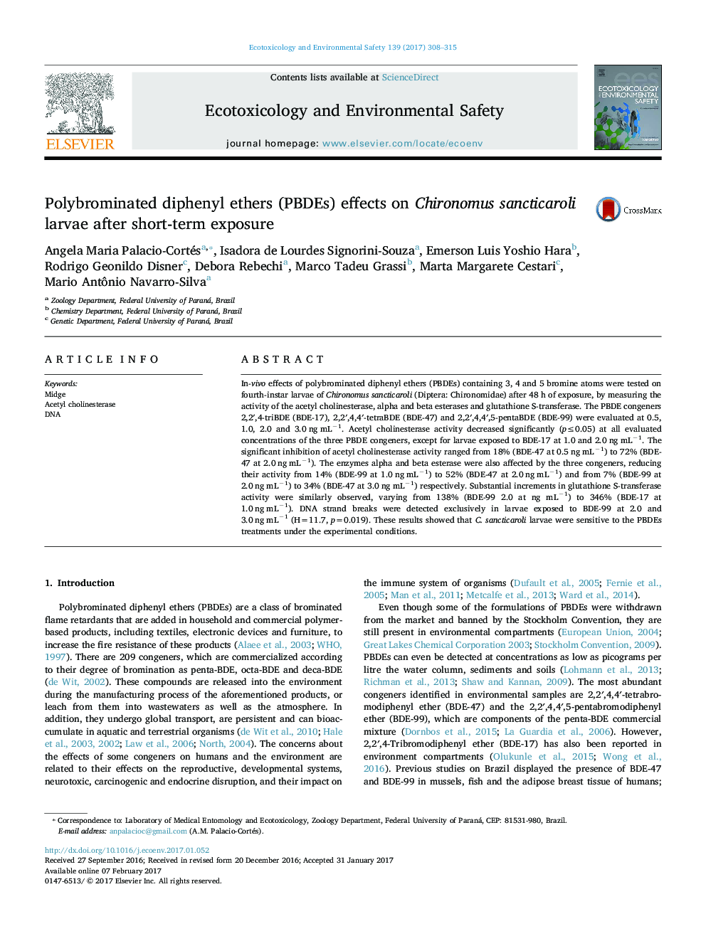Polybrominated diphenyl ethers (PBDEs) effects on Chironomus sancticaroli larvae after short-term exposure
