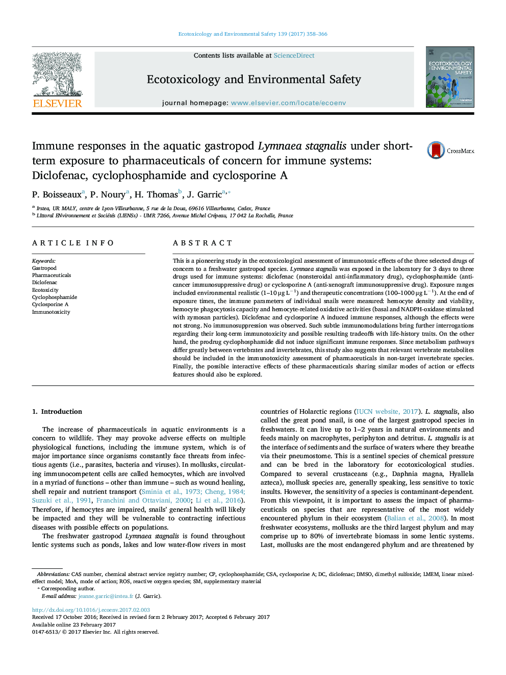 Immune responses in the aquatic gastropod Lymnaea stagnalis under short-term exposure to pharmaceuticals of concern for immune systems: Diclofenac, cyclophosphamide and cyclosporine A