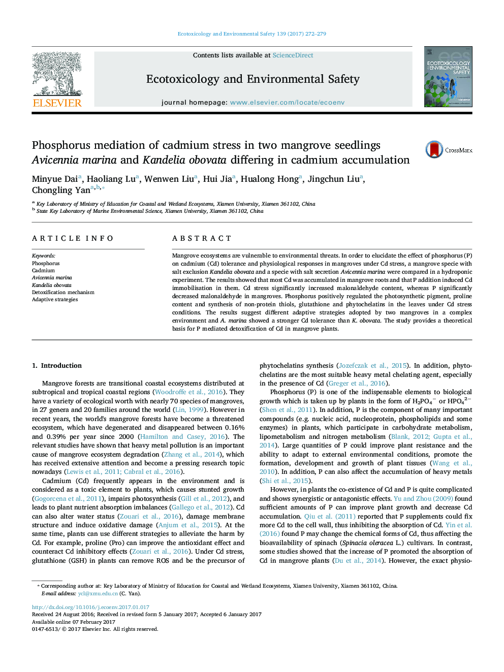 Phosphorus mediation of cadmium stress in two mangrove seedlings Avicennia marina and Kandelia obovata differing in cadmium accumulation