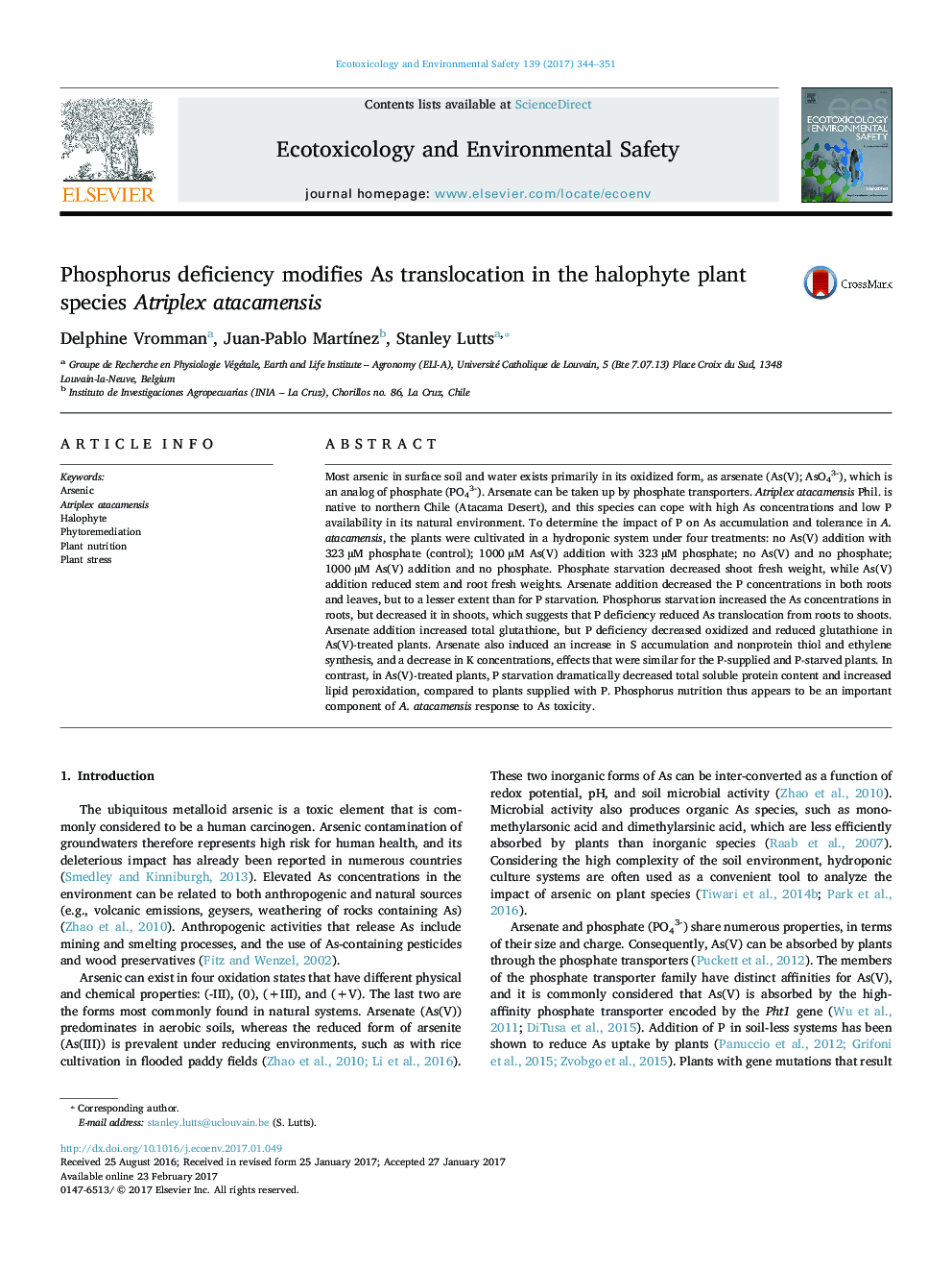 Phosphorus deficiency modifies As translocation in the halophyte plant species Atriplex atacamensis