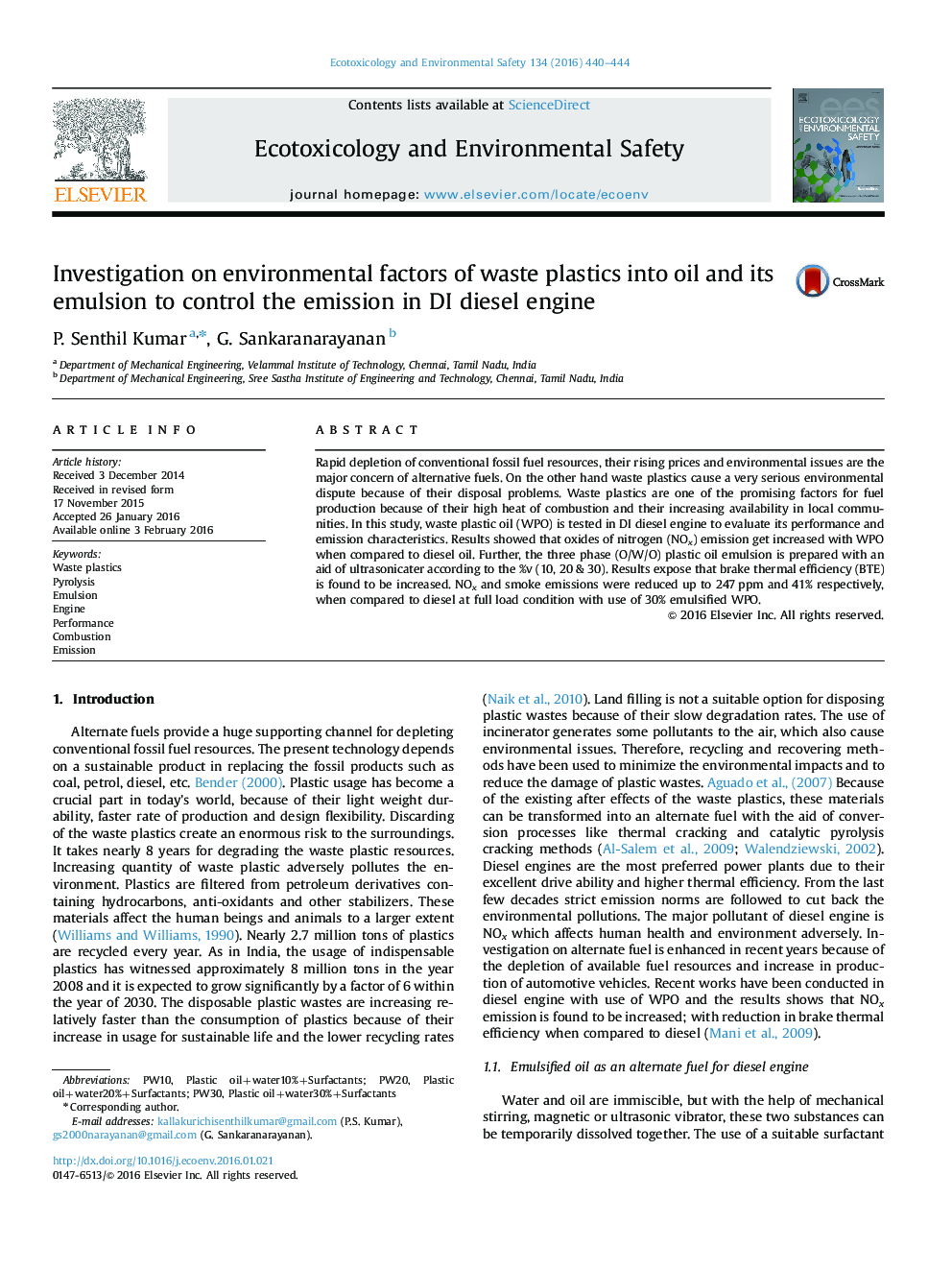 Investigation on environmental factors of waste plastics into oil and its emulsion to control the emission in DI diesel engine