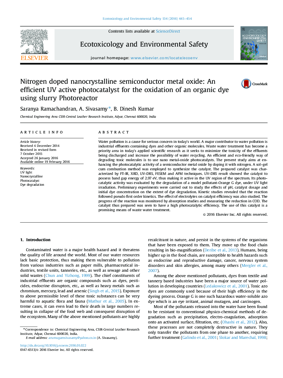 Nitrogen doped nanocrystalline semiconductor metal oxide: An efficient UV active photocatalyst for the oxidation of an organic dye using slurry Photoreactor