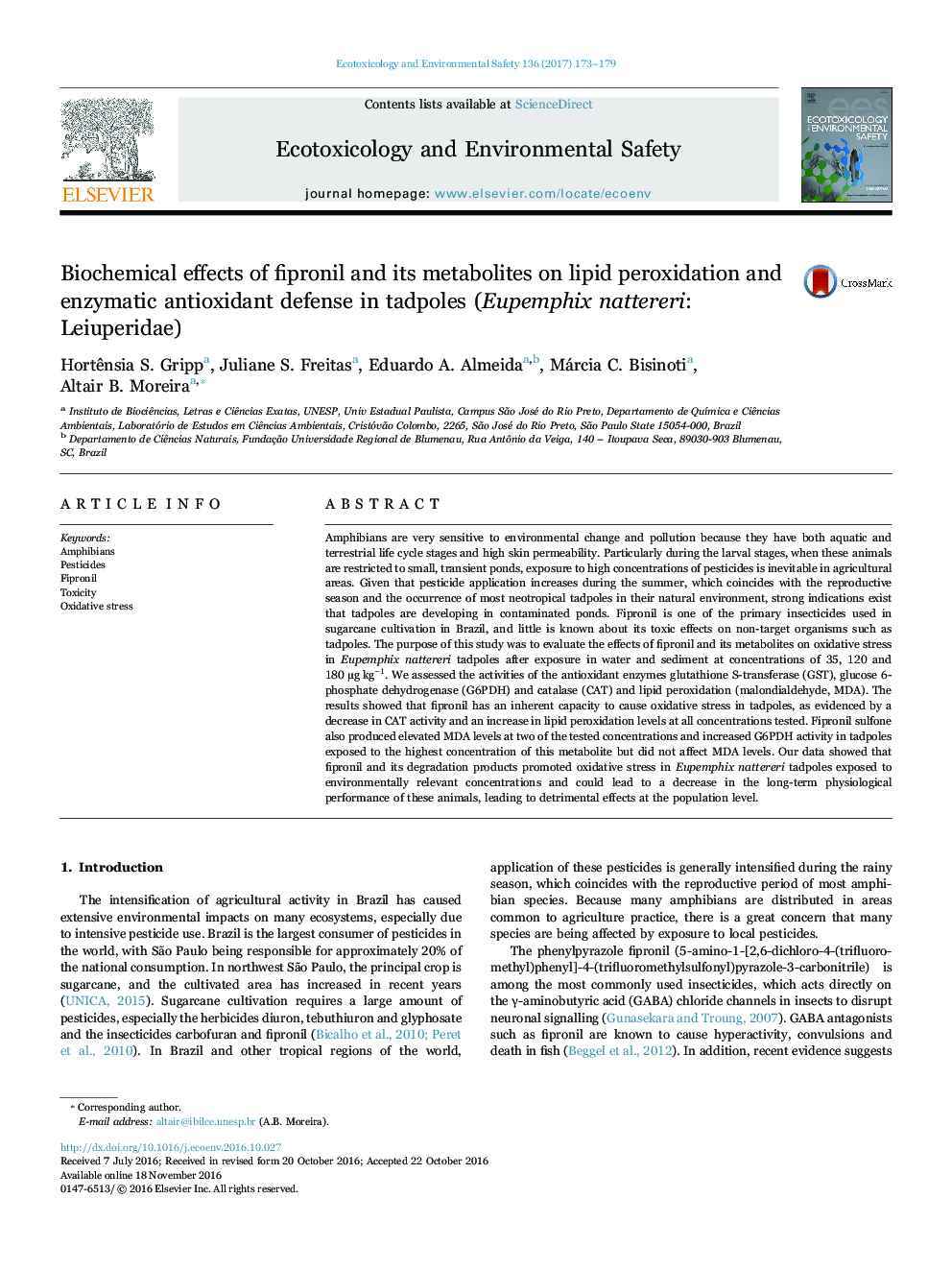 Biochemical effects of fipronil and its metabolites on lipid peroxidation and enzymatic antioxidant defense in tadpoles (Eupemphix nattereri: Leiuperidae)