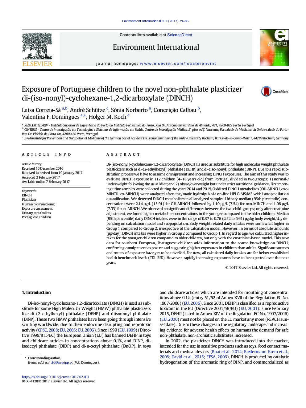 Exposure of Portuguese children to the novel non-phthalate plasticizer di-(iso-nonyl)-cyclohexane-1,2-dicarboxylate (DINCH)