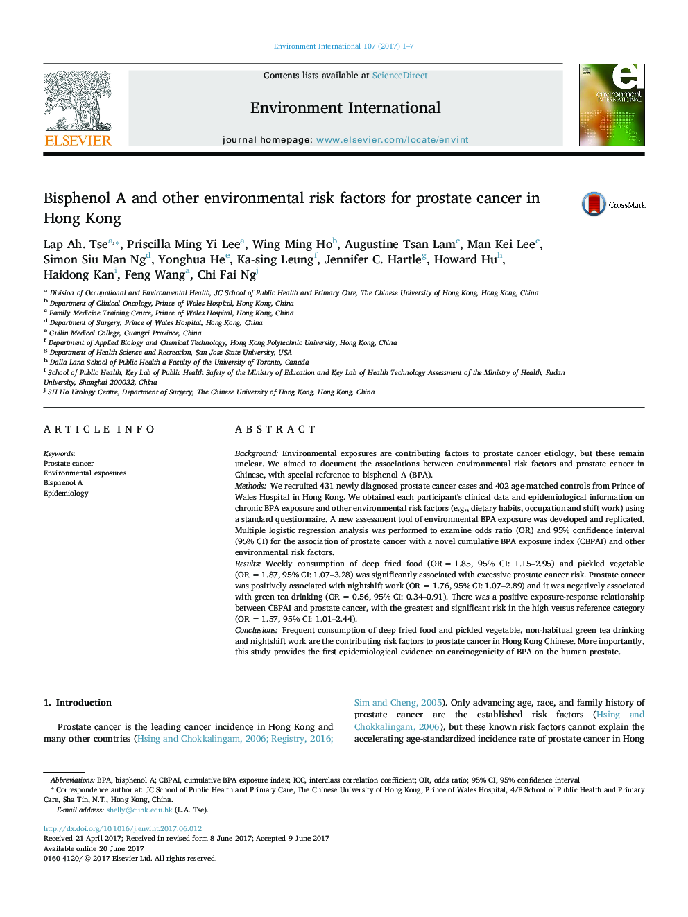 Bisphenol A and other environmental risk factors for prostate cancer in Hong Kong