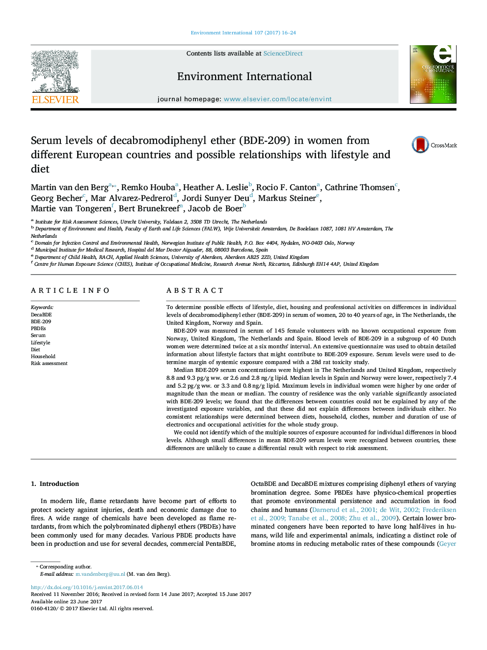 Serum levels of decabromodiphenyl ether (BDE-209) in women from different European countries and possible relationships with lifestyle and diet