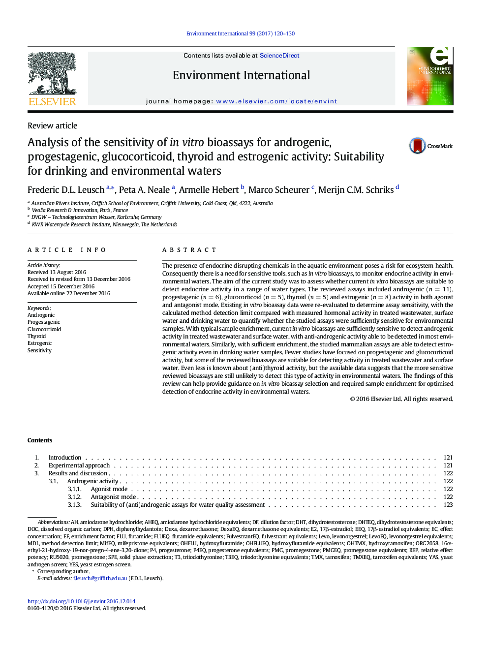 Review articleAnalysis of the sensitivity of in vitro bioassays for androgenic, progestagenic, glucocorticoid, thyroid and estrogenic activity: Suitability for drinking and environmental waters