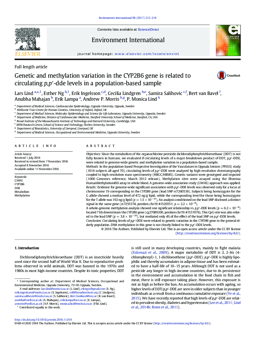 Full length articleGenetic and methylation variation in the CYP2B6 gene is related to circulating p,pâ²-dde levels in a population-based sample