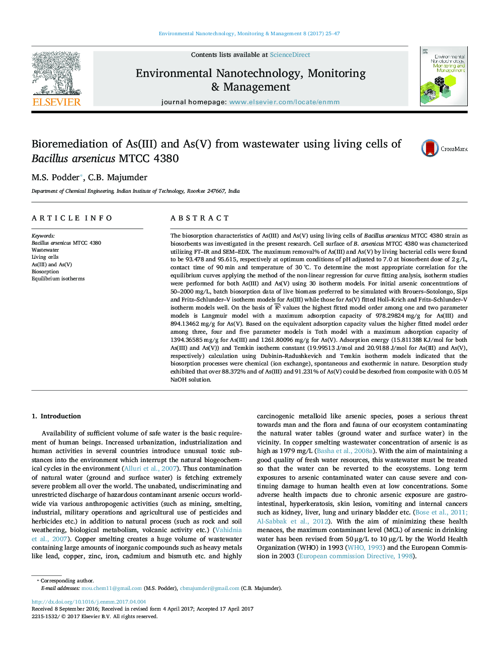 Bioremediation of As(III) and As(V) from wastewater using living cells of Bacillus arsenicus MTCC 4380