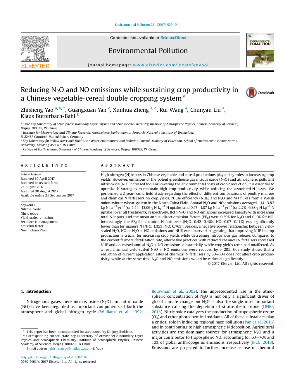 Reducing N2O and NO emissions while sustaining crop productivity in a Chinese vegetable-cereal double cropping system