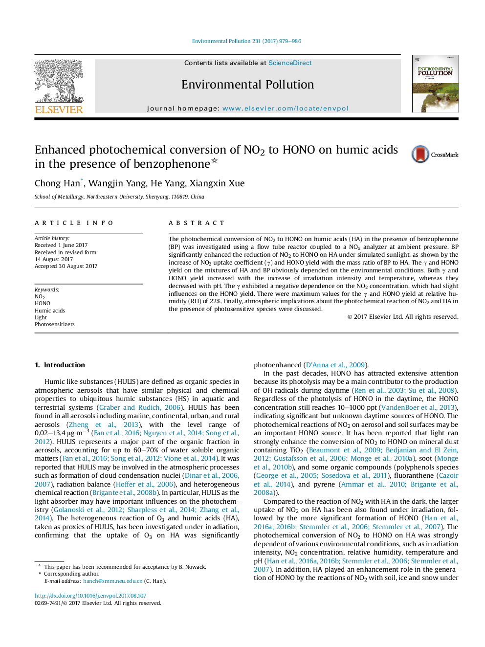 Enhanced photochemical conversion of NO2 to HONO on humic acids in the presence of benzophenone