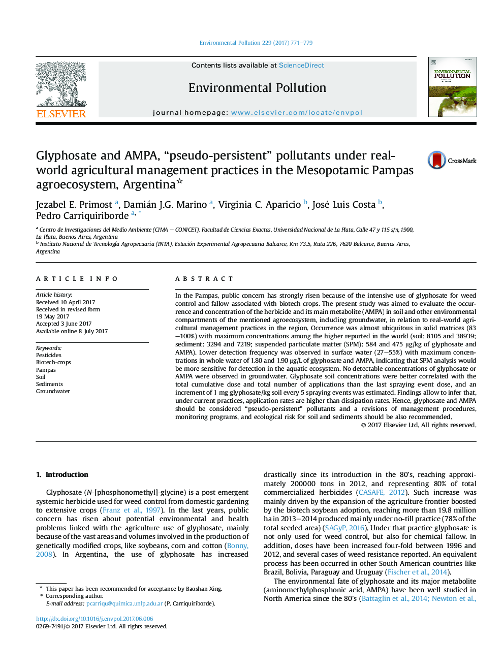Glyphosate and AMPA, “pseudo-persistent” pollutants under real-world agricultural management practices in the Mesopotamic Pampas agroecosystem, Argentina