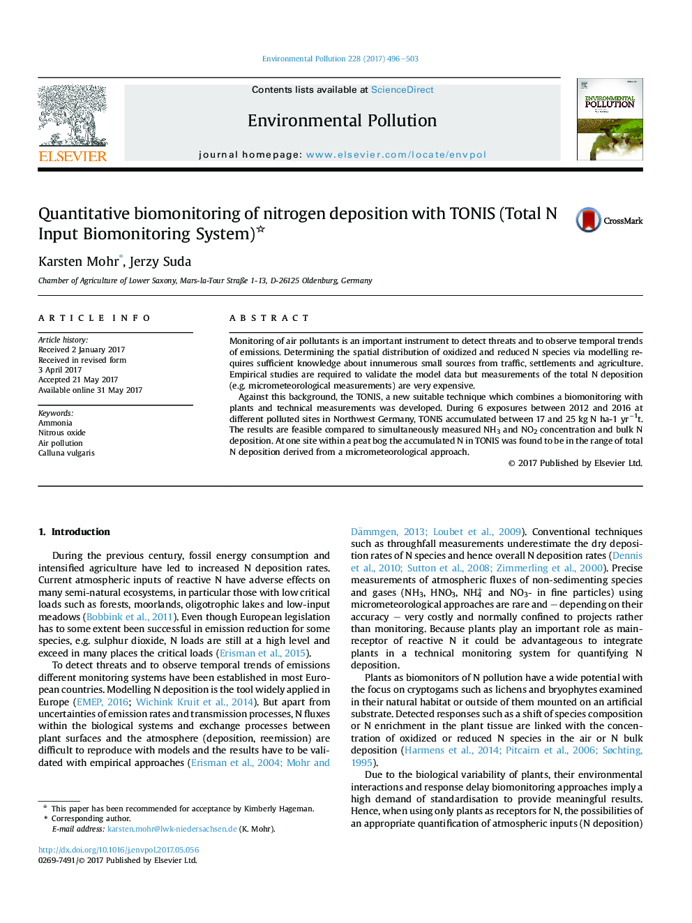 Quantitative biomonitoring of nitrogen deposition with TONIS (Total N Input Biomonitoring System)