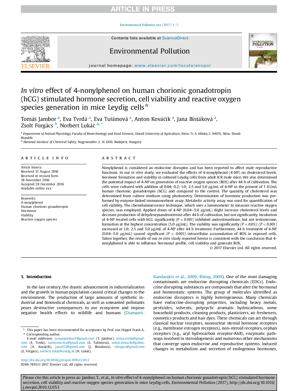 InÂ vitro effect of 4-nonylphenol on human chorionic gonadotropin (hCG) stimulated hormone secretion, cell viability and reactive oxygen species generation in mice Leydig cells