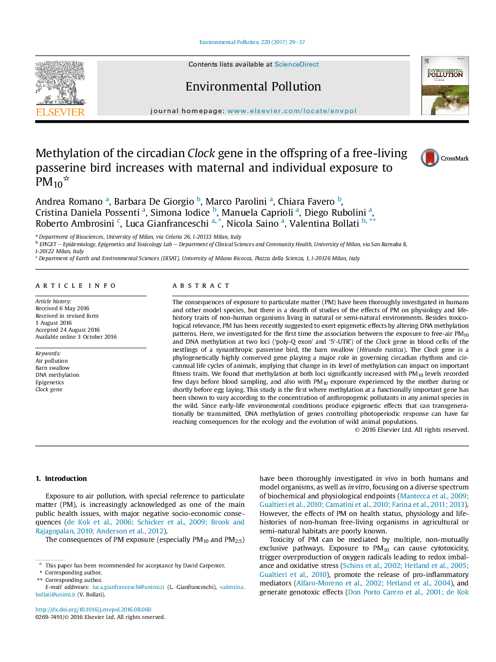 Methylation of the circadian Clock gene in the offspring of a free-living passerine bird increases with maternal and individual exposure to PM10