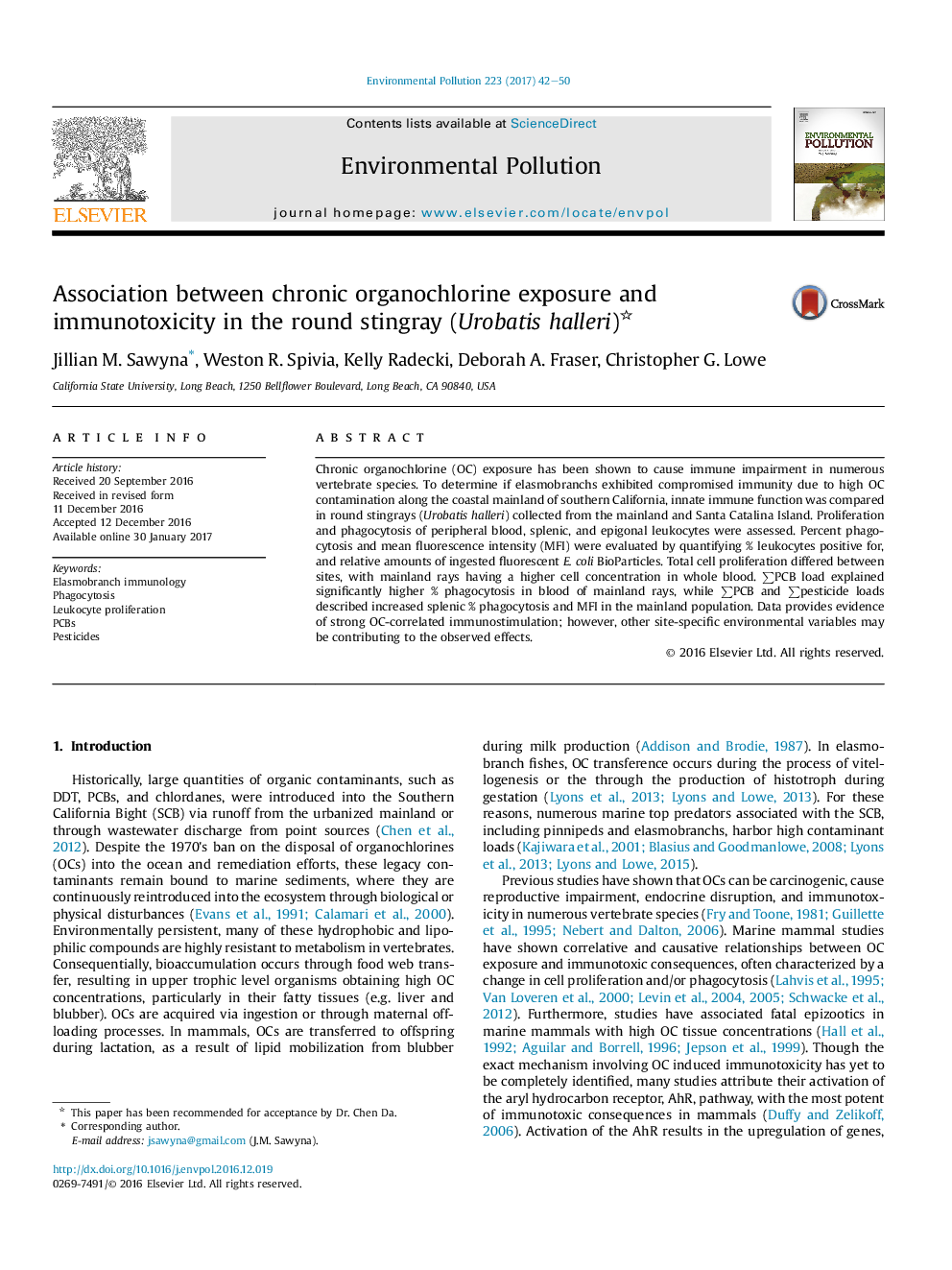 Association between chronic organochlorine exposure and immunotoxicity in the round stingray (Urobatis halleri)