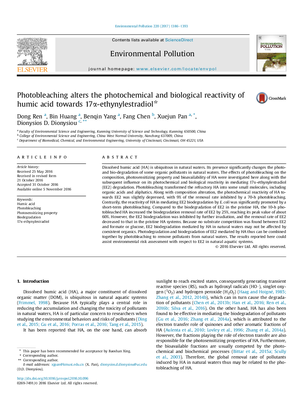 Photobleaching alters the photochemical and biological reactivity of humic acid towards 17Î±-ethynylestradiol