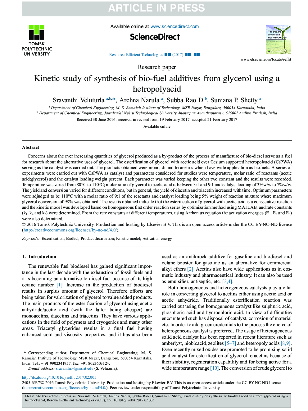 Kinetic study of synthesis of bio-fuel additives from glycerol using a hetropolyacid