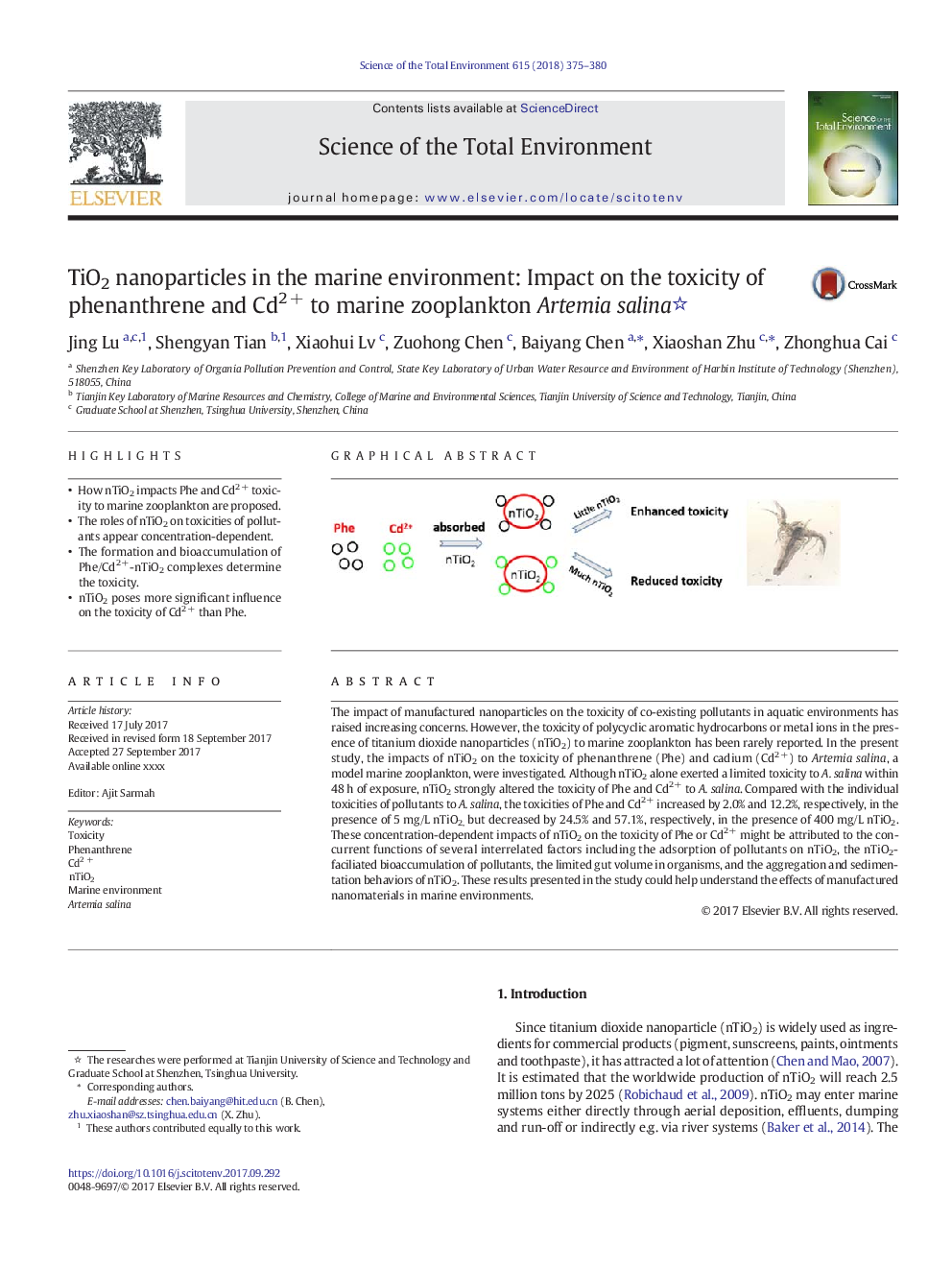 TiO2 nanoparticles in the marine environment: Impact on the toxicity of phenanthrene and Cd2Â + to marine zooplankton Artemia salina