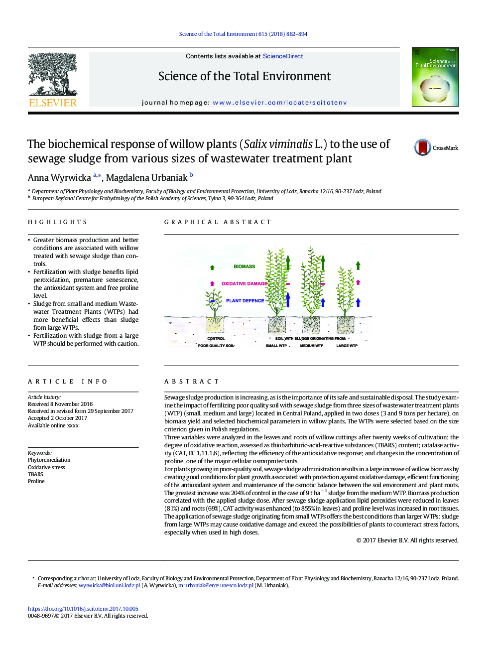 The biochemical response of willow plants (Salix viminalis L.) to the use of sewage sludge from various sizes of wastewater treatment plant