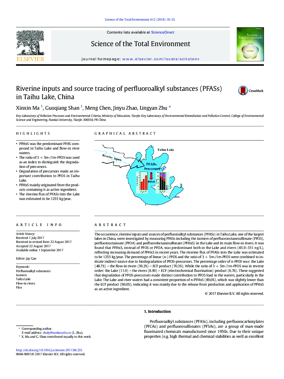 Riverine inputs and source tracing of perfluoroalkyl substances (PFASs) in Taihu Lake, China