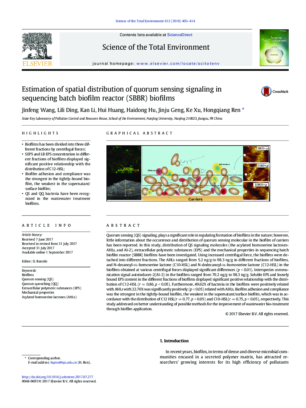 Estimation of spatial distribution of quorum sensing signaling in sequencing batch biofilm reactor (SBBR) biofilms
