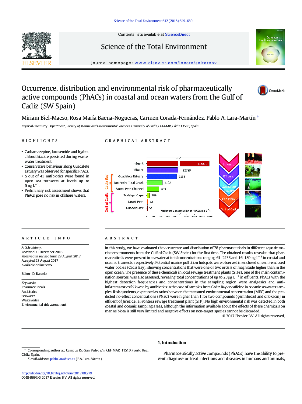 Occurrence, distribution and environmental risk of pharmaceutically active compounds (PhACs) in coastal and ocean waters from the Gulf of Cadiz (SW Spain)