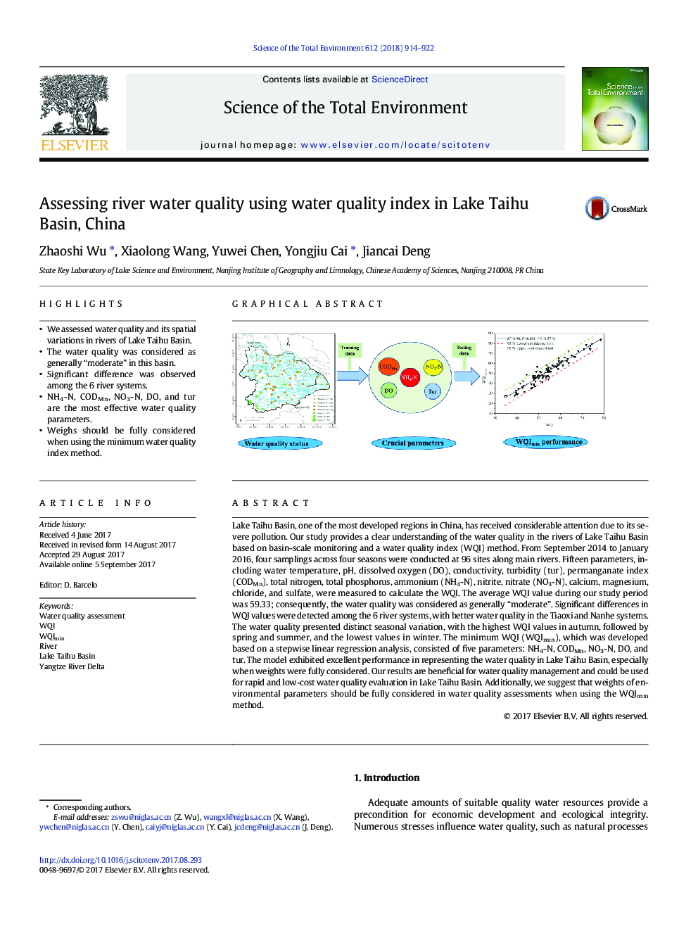 Assessing river water quality using water quality index in Lake Taihu Basin, China