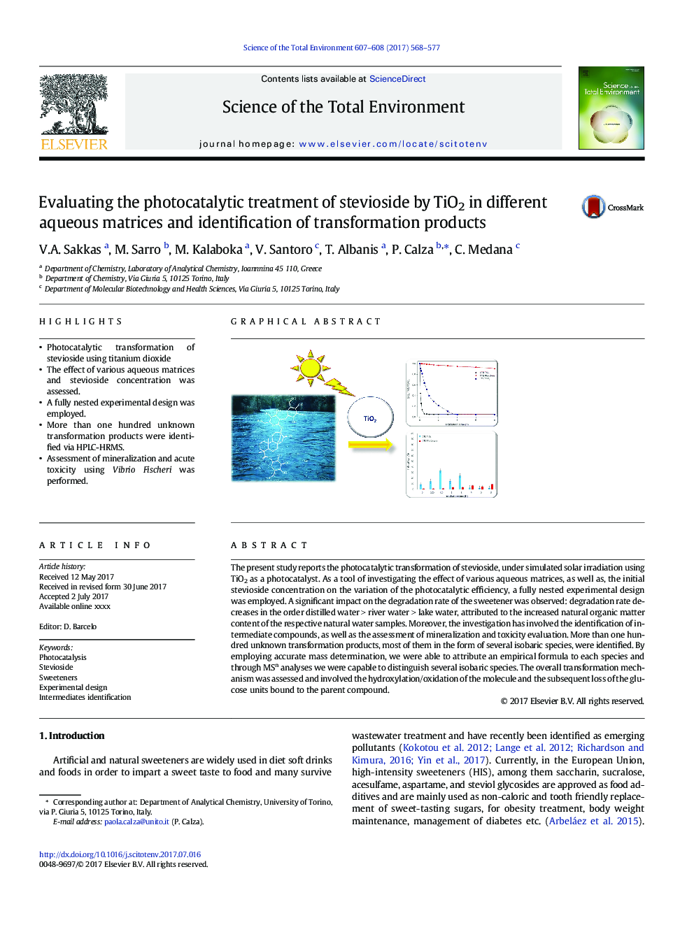 Evaluating the photocatalytic treatment of stevioside by TiO2 in different aqueous matrices and identification of transformation products