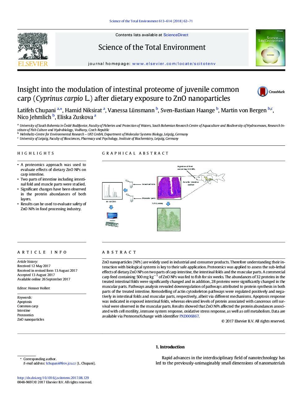 Insight into the modulation of intestinal proteome of juvenile common carp (Cyprinus carpio L.) after dietary exposure to ZnO nanoparticles