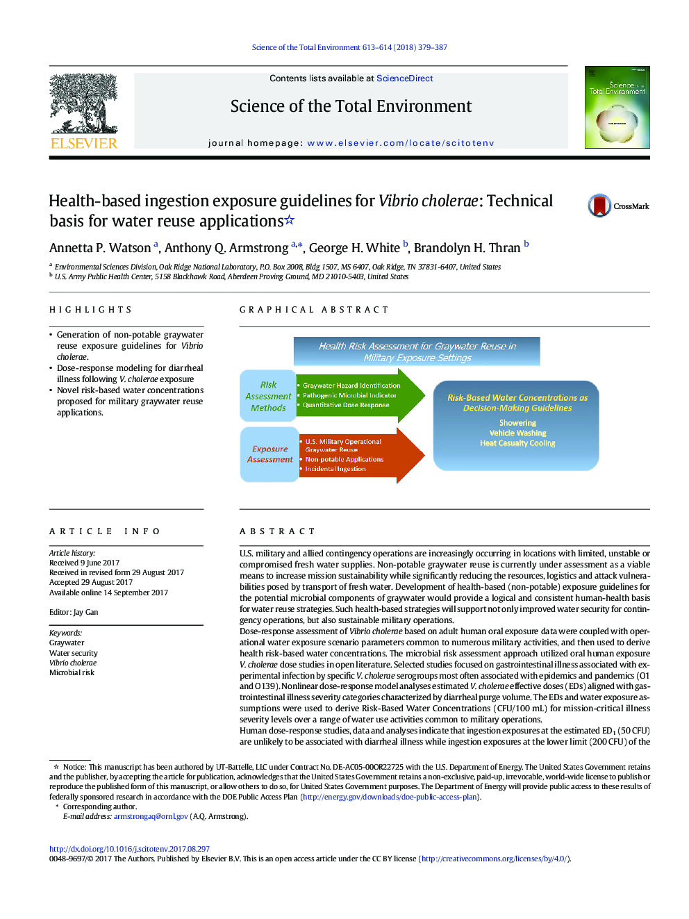 Health-based ingestion exposure guidelines for Vibrio cholerae: Technical basis for water reuse applications