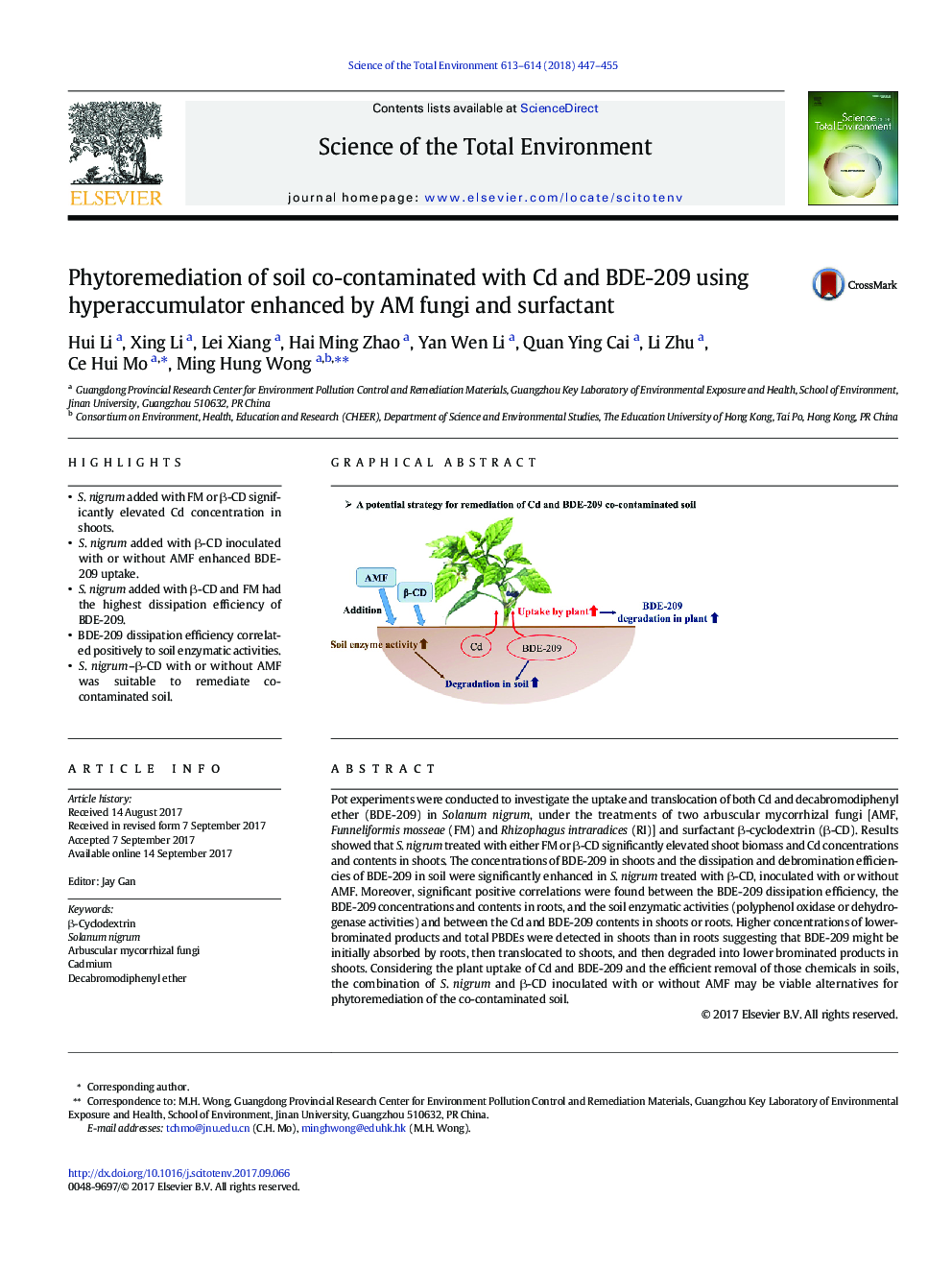 Phytoremediation of soil co-contaminated with Cd and BDE-209 using hyperaccumulator enhanced by AM fungi and surfactant