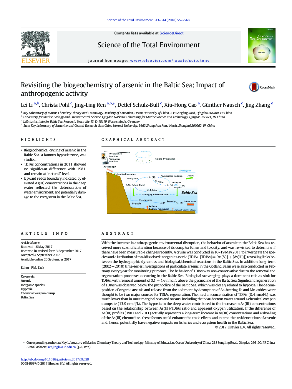 بازبینی بیوگرافی شیمی آرسنیک در دریای بالتیک: تاثیر فعالیت های انسان شناسی