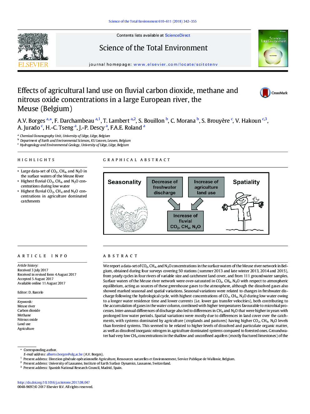 Effects of agricultural land use on fluvial carbon dioxide, methane and nitrous oxide concentrations in a large European river, the Meuse (Belgium)