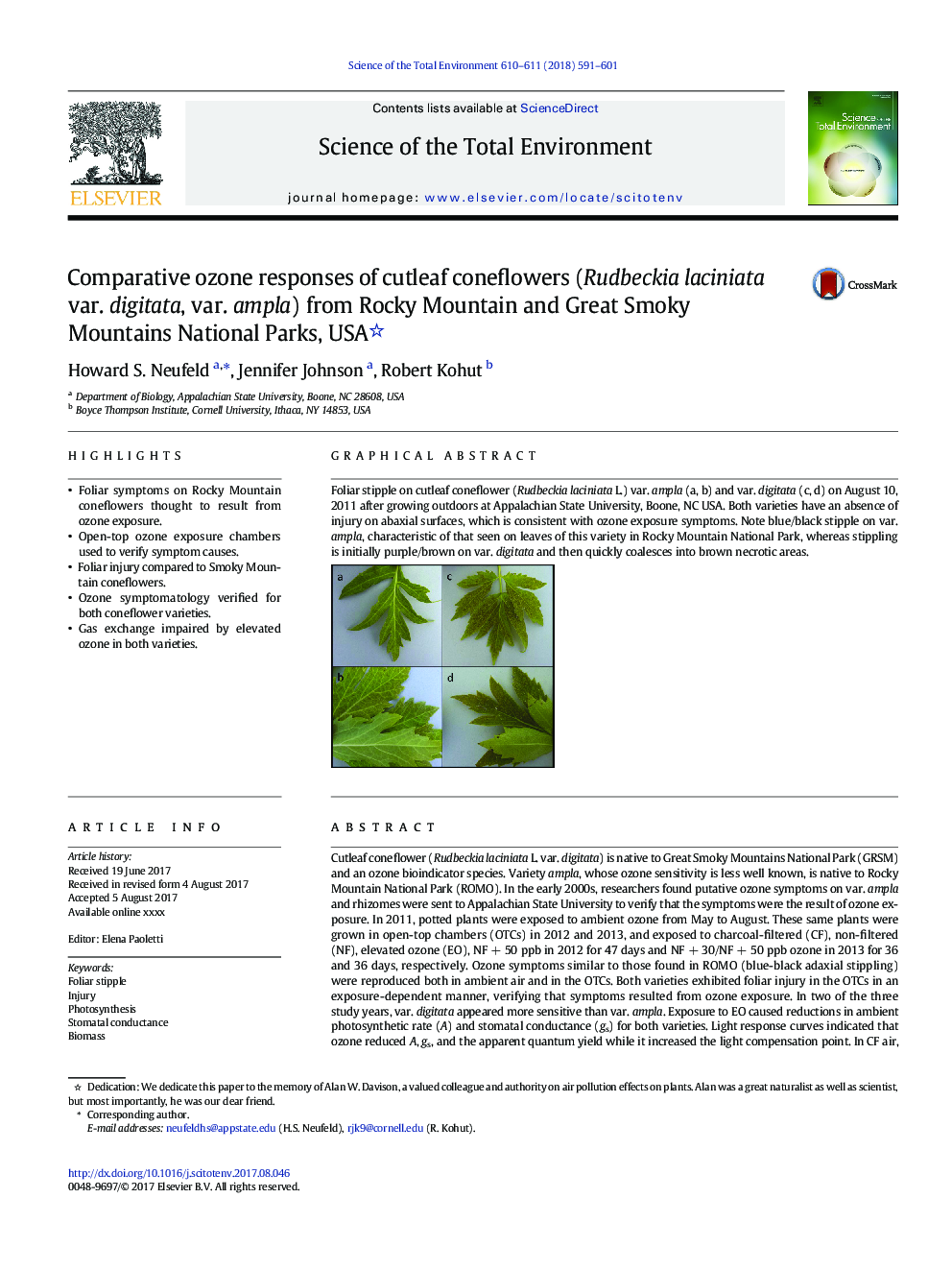 Comparative ozone responses of cutleaf coneflowers (Rudbeckia laciniata var. digitata, var. ampla) from Rocky Mountain and Great Smoky Mountains National Parks, USA