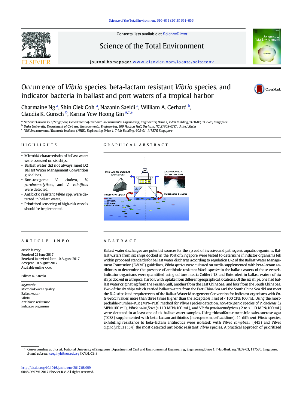 Occurrence of Vibrio species, beta-lactam resistant Vibrio species, and indicator bacteria in ballast and port waters of a tropical harbor