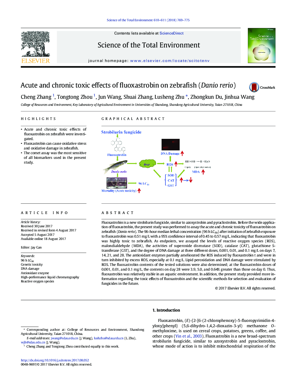 Acute and chronic toxic effects of fluoxastrobin on zebrafish (Danio rerio)