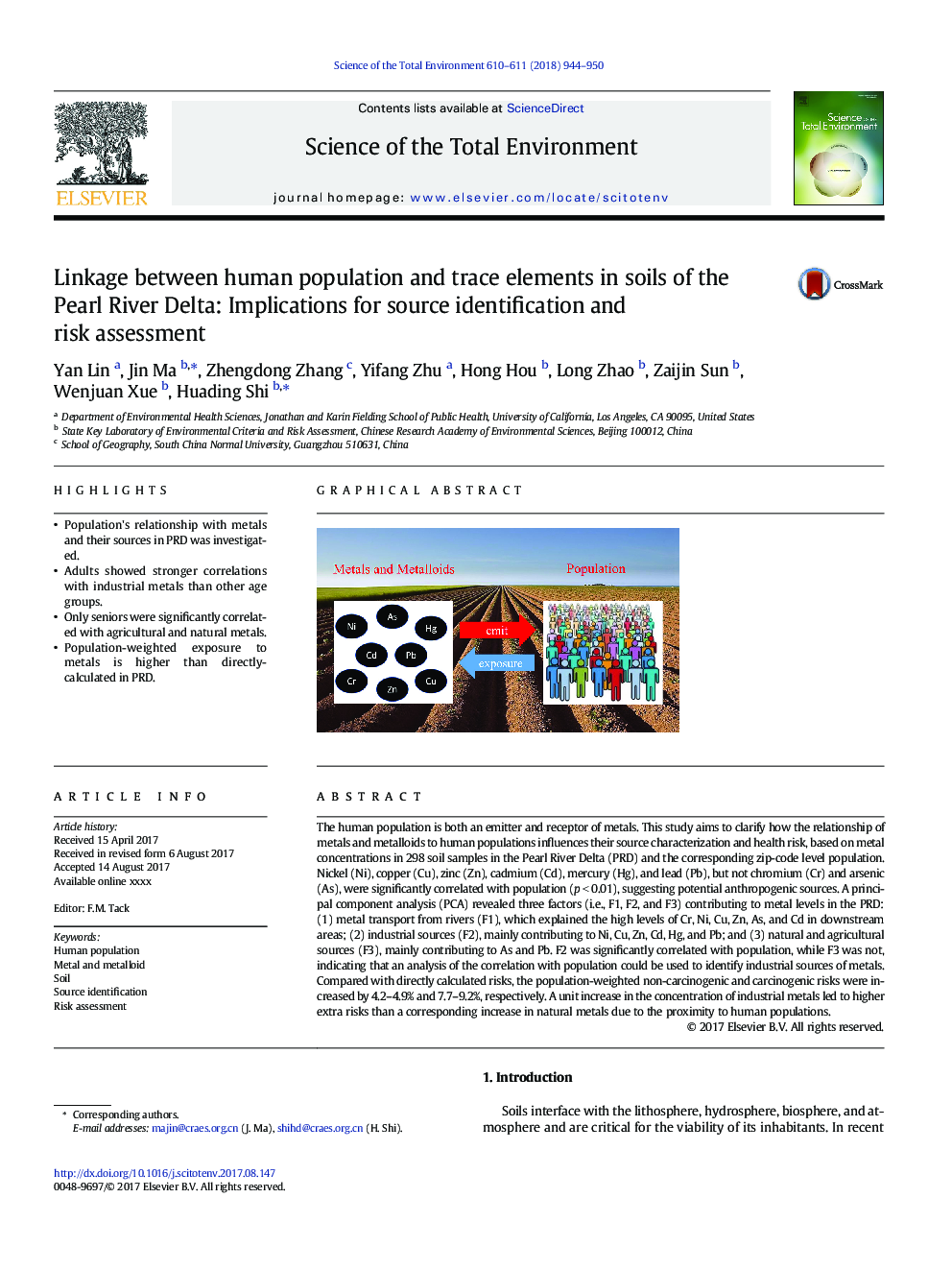 ارتباط بین جمعیت انسانی و عناصر کمیاب در خاک های دلتای رودخانه مروارید: پیامدهای شناسایی منبع و ارزیابی خطر