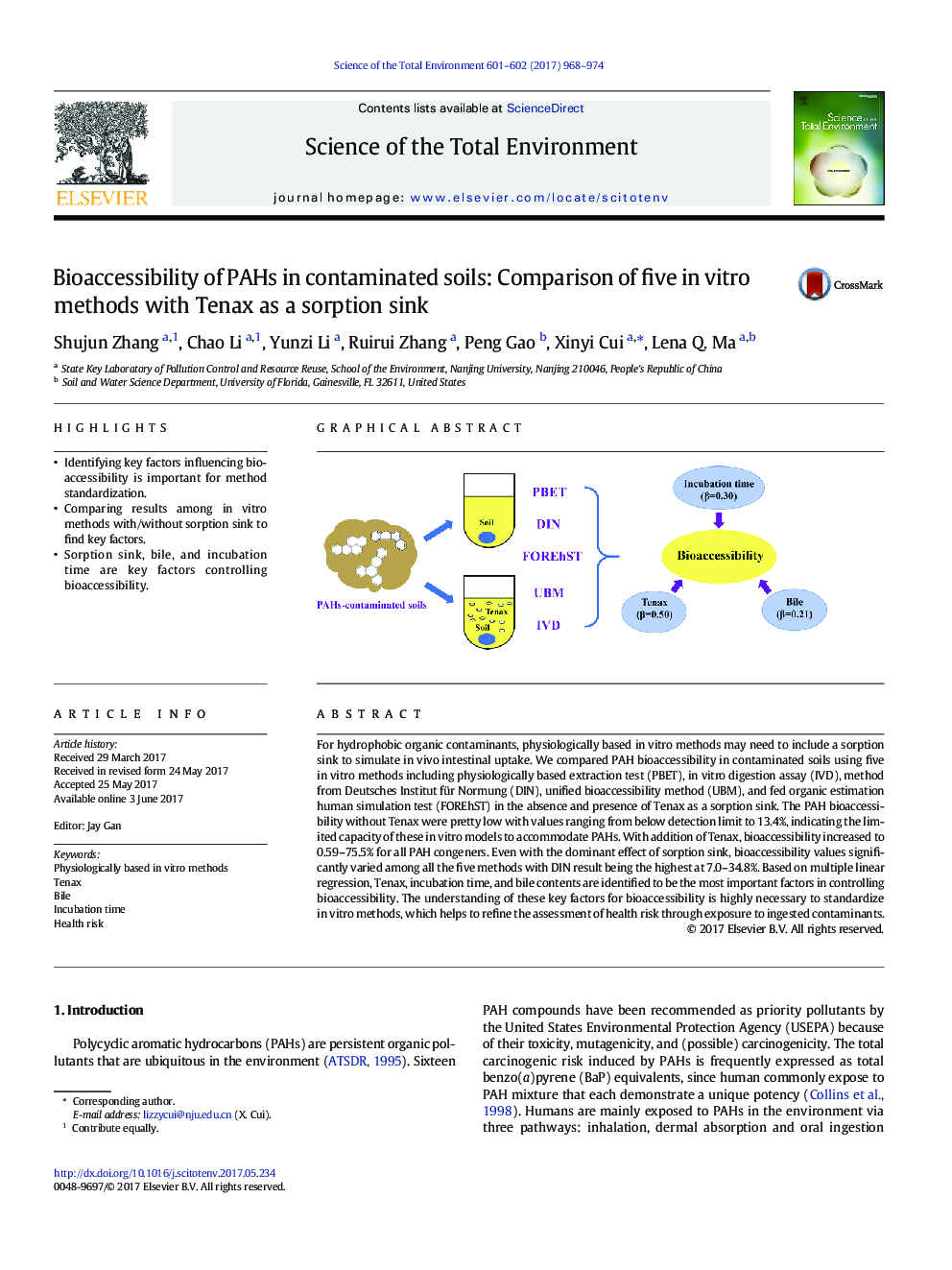 Bioaccessibility of PAHs in contaminated soils: Comparison of five in vitro methods with Tenax as a sorption sink