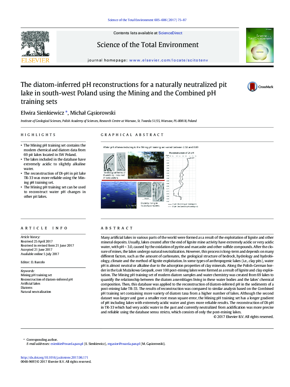 The diatom-inferred pH reconstructions for a naturally neutralized pit lake in south-west Poland using the Mining and the Combined pH training sets