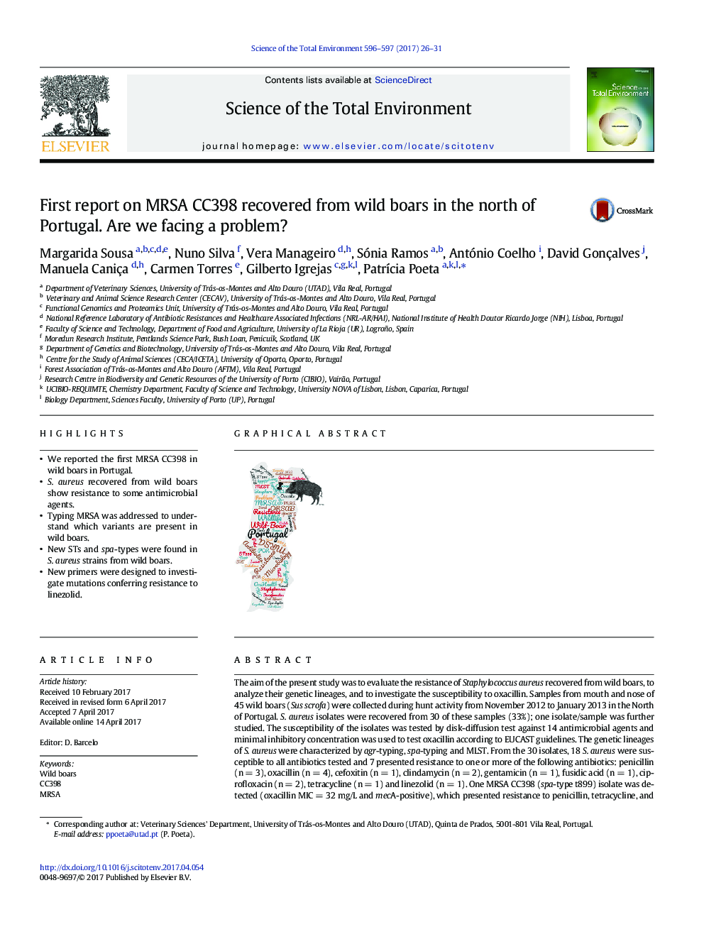 First report on MRSA CC398 recovered from wild boars in the north of Portugal. Are we facing a problem?