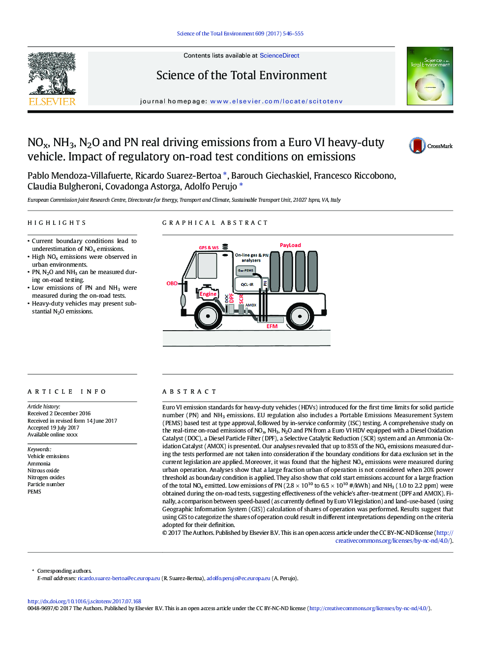 NOx, NH3, N2O and PN real driving emissions from a Euro VI heavy-duty vehicle. Impact of regulatory on-road test conditions on emissions